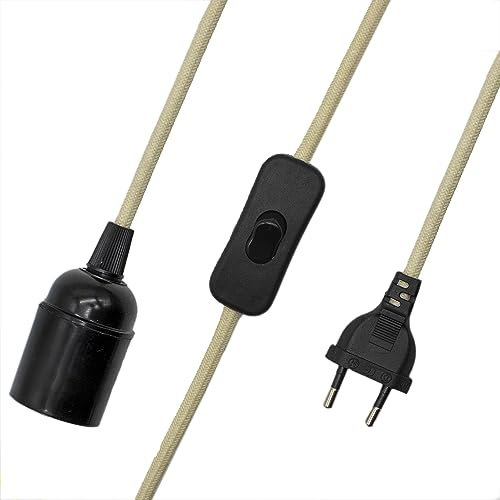 CABLEPELADO Portalampada E27 con Interruttore, Adattatore Lampada, Base per Lampadina, Spina + Interruttore On/Off, Cavo 1,50 Metri, Design Vintage, Cavo Intrecciato, Beige