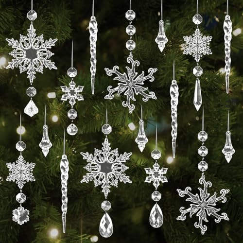16 Flocons Décoration Sapin Noel, Stalactites de Noël Suspendu en Acrylique, Flocon de Neige Decoration pour Déco Noël Sapin