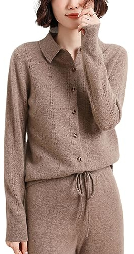 DISSA Cardigan Cachemire Laine Femme Col Revers Manches Longues,EU 38-44 | Rassemblement familial,maille unie légère,col revers classique,panneau bouton avant,bords côtelés,doux,nettes,décontractée