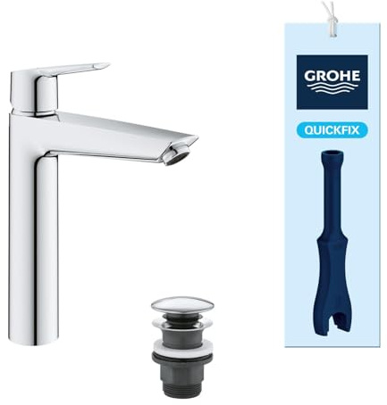 GROHE Start Grifo de Lavabo Alto para Lavabos Exentos con Válvula Click-Clack (Talla XL, Cartucho Cerámico 28mm, Ahorro Agua/Energía, Conexión 3/8, Montaje QuickTool), Cromo, 24165003