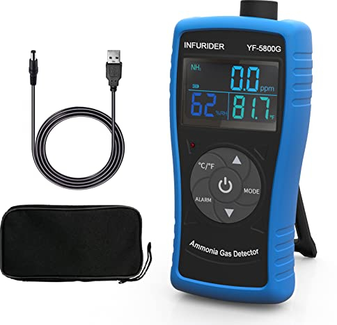 Ammonia Gas Detector, USB Rechargeable NH3 Gas Monitor with Audible & Visual Alarm, Ammonia Meter Range 0-100ppm with 0.1ppm Resolution for Farm, Pig & Livestock YF-5800G