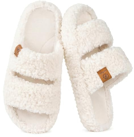 EverFoams Womens Fuzzy Open-toe Slippers Soft Comfy Memory Foam Indoor House Shoes Vanilla Ice,5-6 US