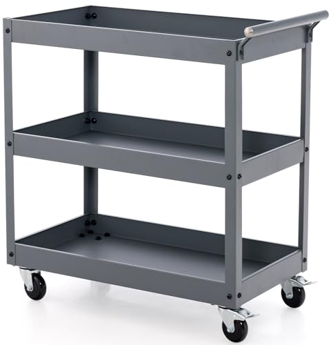 COSTWAY 3 Tiers Tool Trolley, Heavy Duty Service Cart with Handle and Lockable Wheels, Rolling Workshop DIY Storage Trolley for Garage Restaurant Kitchen (1 Towel Rack Handle, Dark Grey)