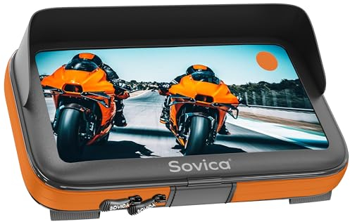 Sovica Soporte movil Moto Bicicleta Impermeable Funda con Visera Valida para Smartphones de hasta 7.6 Compatible con Todo Tipo de manillares Maxima Seguridad antivibracion (Naranja)