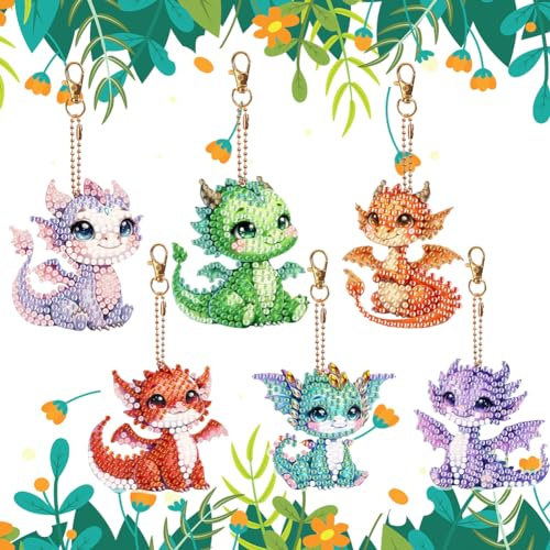ALINUOYQ 6 Stück Diamond Art Kits Schlüsselanhänger doppelseitiger Drache Diamant Gemälde Schlüsselanhänger, Diamond Art Kits Keychain Diamant Kunst Schlüsselanhänger