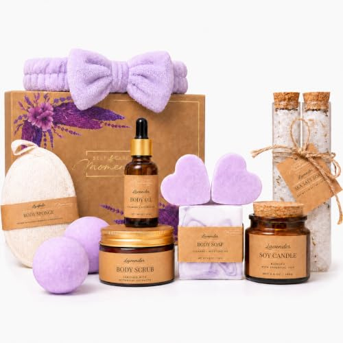 Självvård Moments spa-gåvor för kvinnor, 12 delar lavendel badset | Kroppsskrub, kroppsolja, badbomber, duschångare, sojaljus, havssalt, pannband och loofah i en magnetisk låda.