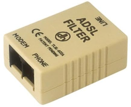 Filtro ADSL con salida filtrada para conexión de módem, mejora la calidad de la señal y reduce interferencias.