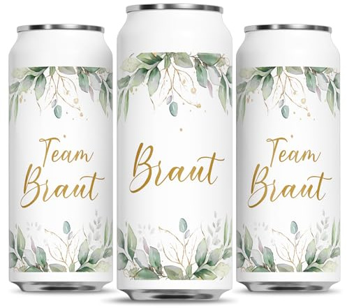 BETESSIN Dosen Aufkleber JGA - inkl. Braut und 11x Team Braut Aufkleber im Eukalyptus Design - Prosecco Dosen Sticker selbstklebend - Jga Sticker für Junggesellinnenabschied und Hochzeitsdeko
