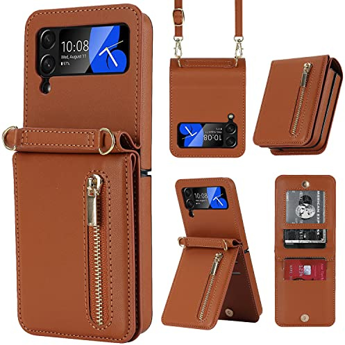 ZHOZEXIN Compatible avec Samsung Galaxy Z Flip 3 Support Stylé Housse Flip en Cuir, Portefeuille avec Fermeture Éclair, Porte-Cartes, Porte-Monnaie, Étui Téléphone avec Câble pour Galaxy Z Flip 3