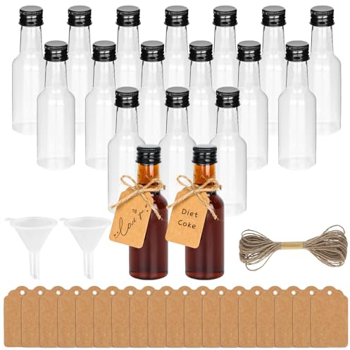 AILUYA 18 Stück Mini Fläschchen Kunststoff Likörflaschen, 50ml Kleine Flaschen zum Befüllen mit 2 Mini Trichter, 18 Kraftpapieretikett und 5m Hanfschnur, Kleine Schnapsflaschen für Hochzeiten, Party