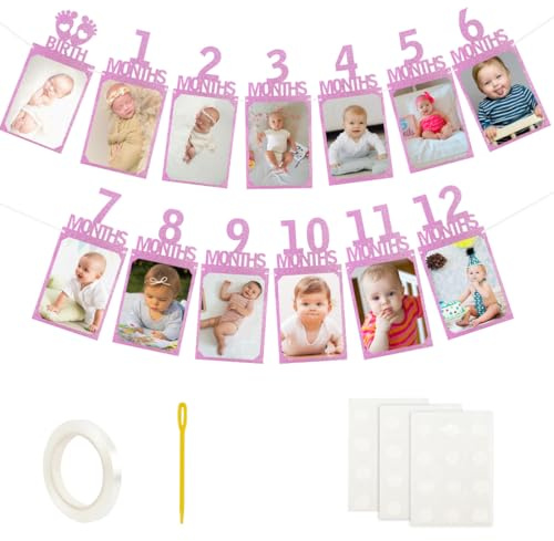 Fotogirlande 1. Geburtstag, Foto Girlande Glitzerpapier, Meilenstein Girlande für 1 bis 12 Monate Baby, Geburtstagsdeko Mädchen Jungen, Hängende Wanddekoration Erster Kommunion Deko(Rosa Englisch)