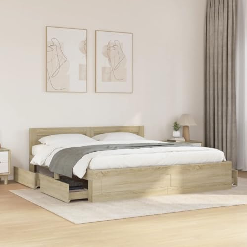 Willood Bettgestell mit Kopfteil Doppelbett lattenrost Bettrahmen Holzwerkstoff Sonoma-Eiche 200x200 cm