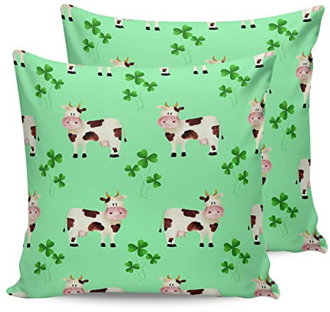 Juego De 2 Fundas De Colchón Antiarrugas Throw Pillow Case Elegantes Funda Cojin Almohada para Coche Salón 45X45Cm Vaca Lechera De Granja del Día De San Patricio con Patrón De Trébol Verde
