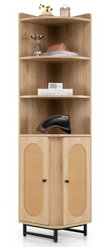 GOPLUS Eck-Bücherregal mit 4 Ebenen, Eckregal mit 2 Türen, Schranktür in Rattanoptik, Standregal Aufbewahrungsregal Büroregal Eckschrank für Küche, Badezimmer, Wohnzimmer, Büro