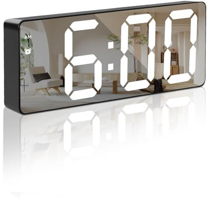 Home-X Digital Alarm Clock, Large Display Bedside LED Electronic Digital Clock Silent No Ticking, Mirror Black USB Mains Powered/Battery Powered Bedroom Alarm Clock with Temperature Display