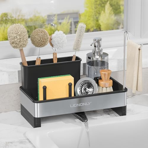LIONONLY Kitchen Caddy Sink Organiser,Stainless Steel Sponge Holder with Auto Drain Tray, Detachable Towel and Brush Holder,Countertop Sink Tidy Kitchen Organiser