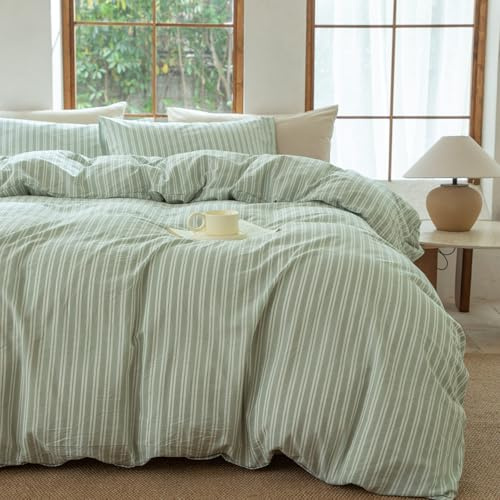 BESTDESIL Sage Green and White Striped Duvet Cover,100% Washed Cotton Breathable and Linen Like Bedding Set(Strip-Sage Green/White,Queen)