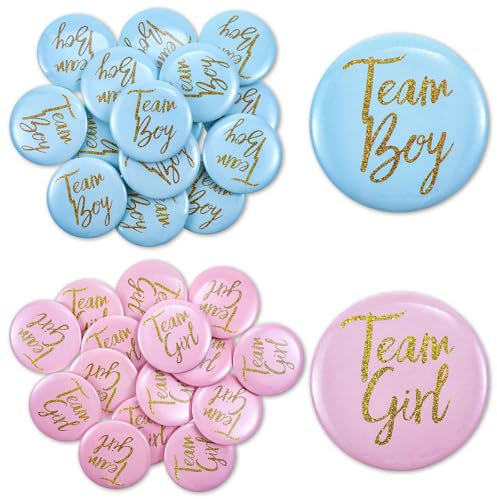 Ouligay Lot de 30 badges révélateurs de sexe - 4,5 cm - Décoration de fête de genre - Équipe Boy et Team Girl - Badge rond Pinback - Pour fête prénatale - Accessoire de décoration (bleu et rose)