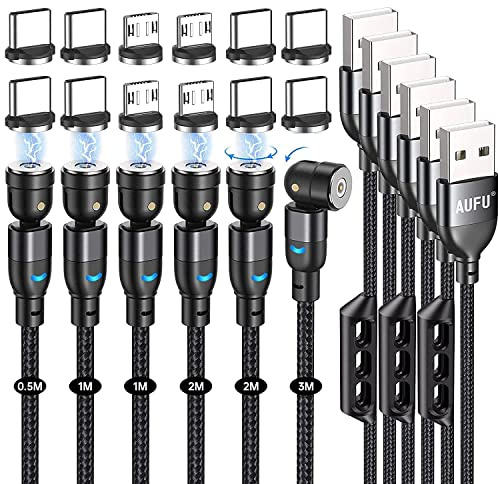 AUFU Magnet Ladekabel, Magnetisches Ladekabel [6Stück, 0.5m 1m 1m 2m 2m 3m], USB C Magnet Kabel 360° und 180° Drehbar kabel Magnetisch mit Micro USB/Type C für Smartphone