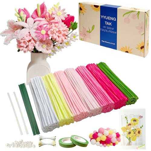 YYUENG TAK 500 piezas Limpiapipas Manualidades degradado Rosa,Set de Limpiapipas Flores, con Instrucciones y varios accesorios,para Regalos Artesanales y Decoración del Hogar,Pipe Cleaner Flower kit