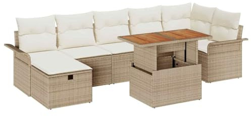 vidaXL 8-delars trädgårdsoff set med kuddar beige poly rattan stiligt utomhus sitt för 5 med förvaring och väderbeständigt tyg möbler soffa sektionell patio