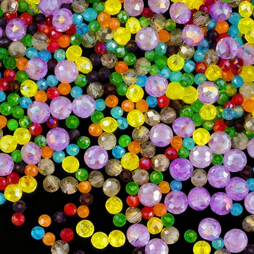 Set di 1300 perline in vetro di cristallo, sfaccettate colorate, 4/6/8 mm, decorazioni per perline di vetro, da infilare, crackle, set di perline con scatola per il fai da te (colorato-1300)