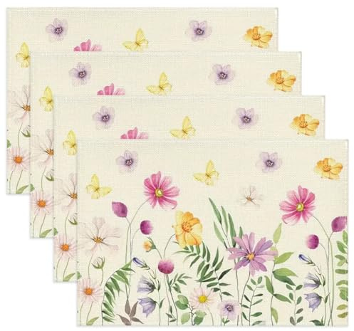 4 Piezas Manteles Individuales de Lino, 30x45 cm Salvamanteles Individuales, Lavables Mantel Individual con Motivos Florales, Antideslizantes, Salvamanteles, para Comedor, Cocina, Fiesta, Vacaciones