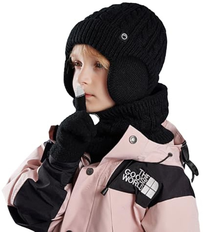 Fjquamitix Ensemble bonnet, écharpe et gants d'hiver pour enfants, bonnet chaud en tricot thermique (avec cache-oreilles), cache-cou, moufles pour écran tactile avec doublure en polaire douce pour