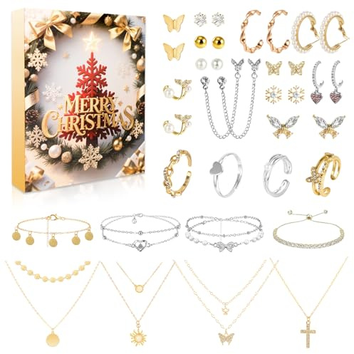 Beipegin Schmuck Adventskalender 2025 Frauen,24 Überraschungen Halskette Armband Ohrringe Gold Silber Weihnachtskalender Countdown Schmuck Kalender Weihnachten Geschenk für Damen