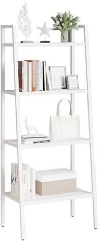 Ladder Bookshelf, 4-Tier Small Shelves 17 inch, Narrow Shelf Tablette, Shelving Unit, Bathroom Corner Shelf, Display Cabinet, with White Metal Frame, for Bedroom, Livingroom - White