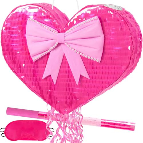 WERNNSAI Heart Pinata - Valentine Party Decoration Pink Heart Shaped Pinata with Blindfold Stick for Shiny Birthday Decoration Wedding Bachelorette Party Pull String Surprise Supplies