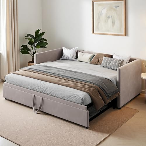 Yeutre Soffa, 2-sits, konvertibel soffa, 90/180 x 200 cm, soffsäng, 2 personer med sovsängar, sängbäddsoffa, utdragbar soffa för vuxna och tonåringar, sammet, utan madrasser (grå)