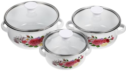 Artsewply Set 3 Pezzi Pentole in Smalto Mini Con Doppio Manico Pentola Per Zuppe Brodo E Latte Fondo Piatto Per Riscaldamento Uniforme Design Impilabile Per Cucina Casa