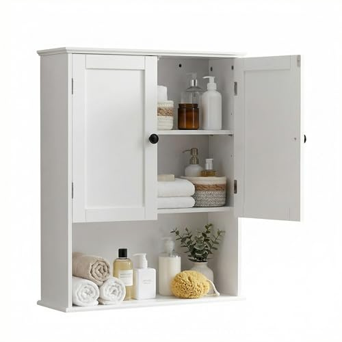 elnure Badezimmerschrank Hängend, Hängeschrank Bad 76 x 61 cm, Badschrank Wandmontage mit 2 Türen und offenem Fach, Wandschrank Bad über Toilette, Medizinschrank Weiß, Verstellbarer Einlegeboden
