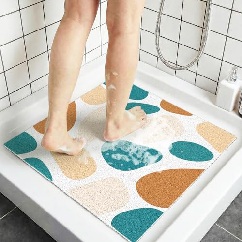 Duschmatte Quadratisch mit Drainage 60x60 cm, für Dusche und Badematte, PVC Luffa Badematte Schnelltrocknend, Duscheinlage für Familie, Duschmatte für Kinder, Khaki-Stein