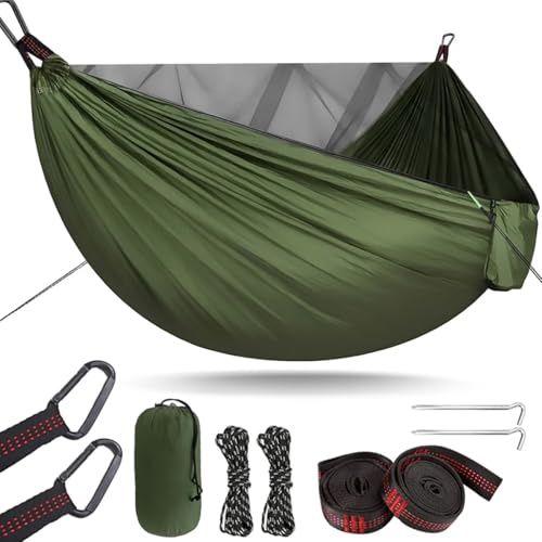 Ultraleichte Hängematte Outdoor mit Moskitonetz, 300KG Tragkraft, Tragbare Fallschirm Nylon Doppelhängematte, Reisehängematte mit Befestigungs-Set für Rucksackreisen, Wandern, Abenteuer 290×140cm Oliv