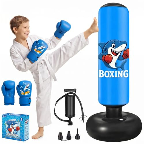 Qoosea Sac de Boxe pour Enfants 3 à 8 Ans, 130cm Gonflable Sac de Frappe sur Pied, Sac de Boxe Set de Formation avec Gants, Cadeau Parfait pour Garçons et Filles pour Karaté, Taekwondo | Sac autoportant motif dinosaure pour enfants de 3 à 8 ans en PVC durable et sûr avec pompe à air incluse Cadeau de jeu actif