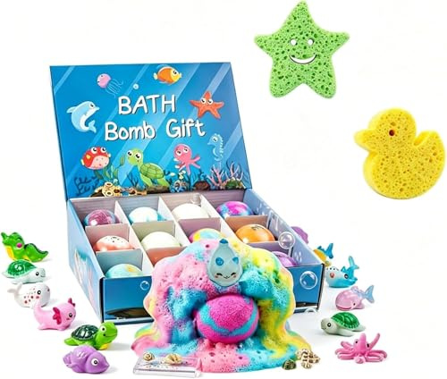 ZUMME Bombes de Bain Enfant Naturelles et Bio - 12 Pièces Coffret Cadeau avec Jouet Surprise Animaux Marins, Bain Moussant Doux pour Peau Sensible, Relaxation et Détente pour Fille Garçon Femme