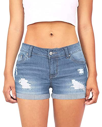 Generico Korta sommarjeans för kvinnor - korta byxor för dam eleganta push-up-shorts med hög midja upprullad fåll kavajslag och ben kurviga byxor passar vardagliga hotpants, Blå, XXL