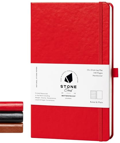 Stone Journal Chef anteckningsbok – röd 13 × 21 cm vattentätt papper, 144 sidor, halvfodrad och halvtom, veganskt läder inbunden, kökskonverteringar, premium receptbok