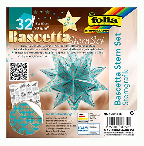 folia 405/1515 - Bastelset Bascetta Stern Sterngrafik türkis/kupfer, 32 Blatt, 15 x 15 cm, fertige Größe des Papiersterns ca. 20 cm, mit ausführlicher Anleitung - ideal zur zeitlosen Dekoration