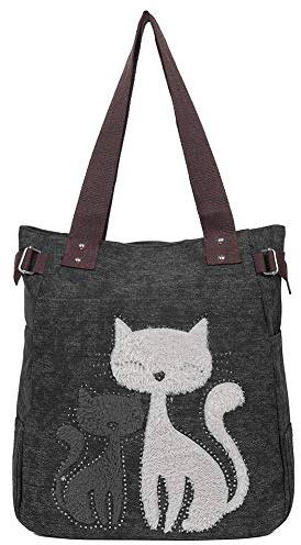 EGOGO Damen Schultertasche Canvas Henkeltasche Tasche Handtasche Niedliche Katzen Tasche E523-2 (Schwarz)