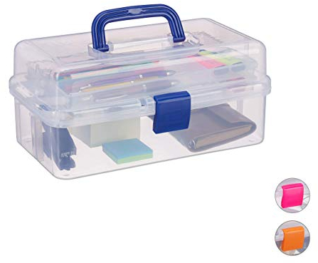 Relaxdays Transparente Plastikbox, 9 Fächer, Werkzeugbox, Nähkästchen, Werkzeugkoffer, Werkzeug, HBT 14x33x19 cm, blau