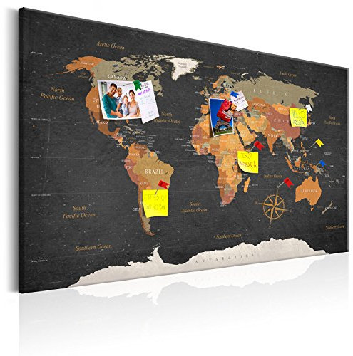 murando - Tableau à Épingles et Peinture sur Toile Combinés 90x60 cm - Avec Crochets Clous et Punaises Argentées - Panneau en Fibres pour Notes et Affichage - Carte du monde k-C-0048-v-a