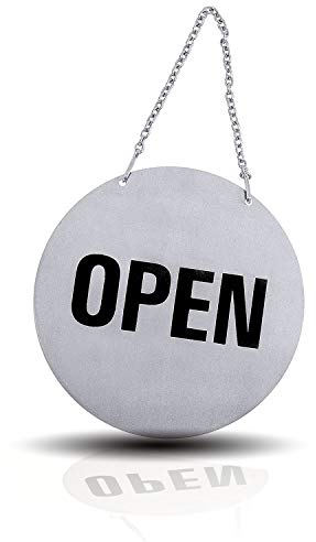 Kerafactum Cartello aperto chiuso per porta, aperto, chiuso, con catena, rotondo, in acciaio inox spazzolato, opaco, lucido, sospeso, stile US