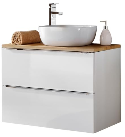 Lomadox Badmöbel Waschtisch-Unterschrank Set 80cm, Hochglanz weiß, 50cm Keramik-Waschbecken, 2 Softclose-Auszüge