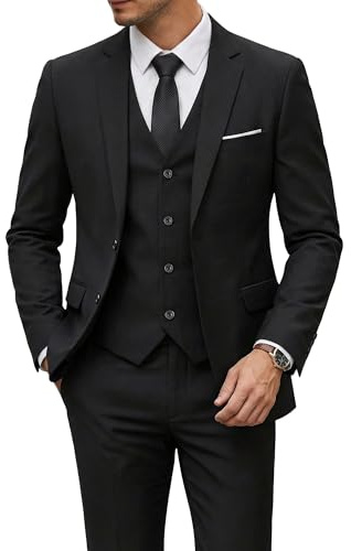 YND Men's 3 Piece Suit Set with Tie, 2 Button Slim Fit Solid Blazer Jacket Vest Pants, Business Wedding Party Suits for Men, Black