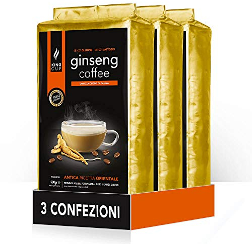 King Cup - 3 Buste da 500 Gr di Preparato in Polvere Solubile di Caffè al Ginseng con Zucchero di Canna, Ideale da Aggiungere in Acqua Calda, Senza Glutine, Senza Lattosio e Senza OGM