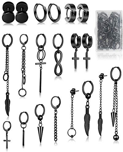 FIFATA Cross Dangle Earrings for Men 20 Pieces, Stainless Steel Stud Hinged Hoop Earrings, Long Chain Kpop Earrings for Women, Black and Silver