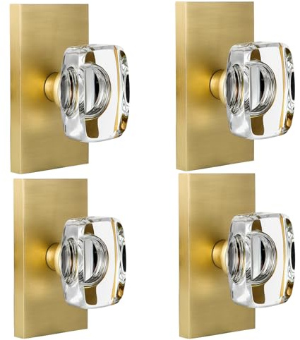 HIEMEY Glas-Türknäufe für den Innenbereich, Kristall, halbe Attrappe, Türknäufe für Schrank, Flur, Bifold, goldfarbener Türknauf, satiniertes Messing, 4 Stück